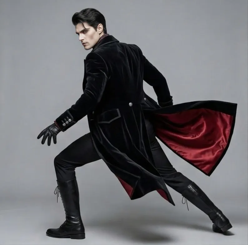 Black Vampire Tailcoat for Men, Halloween Festival Outfit, Long Gothic Cosplay Jacket, Masquerade Costume - Image 3