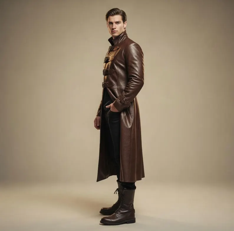 Leather Long Coat, Gothic Leather Trench Coat for Men, Vampire Cosplay Outfit, Dark Fantasy, Halloween Costume - Image 3