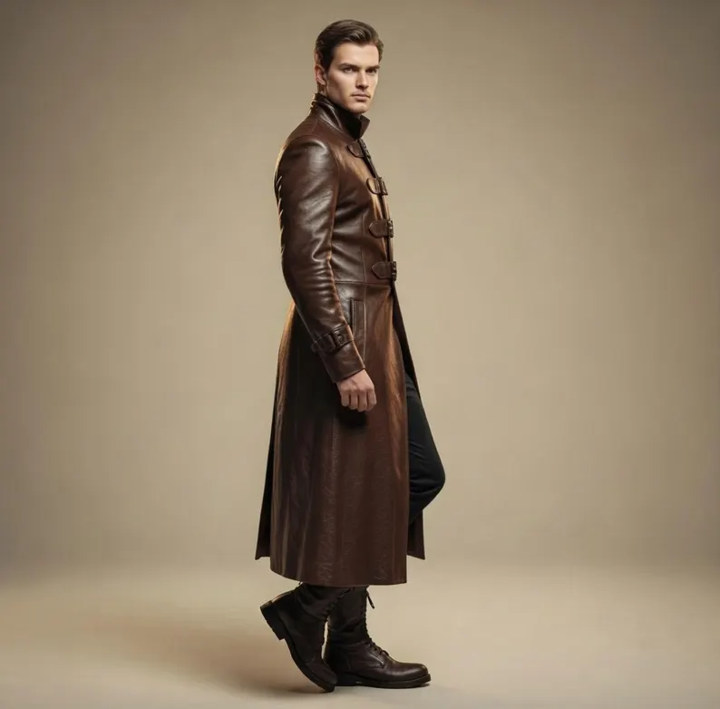 Leather Long Coat, Gothic Leather Trench Coat for Men, Vampire Cosplay Outfit, Dark Fantasy, Halloween Costume - Image 2