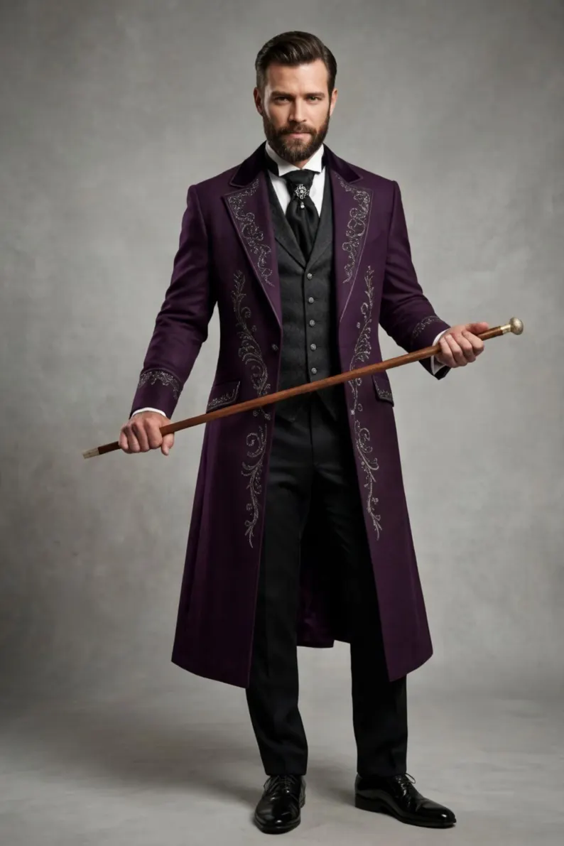 Luxury Gothic Victorian Tailcoat for Men, Steampunk Long Jacket, Purple Embroidered Wedding Formal Suit - Image 4