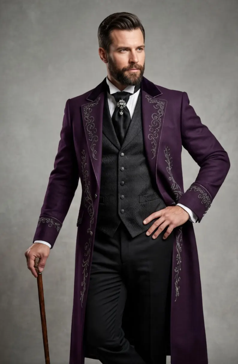 Luxury Gothic Victorian Tailcoat for Men, Steampunk Long Jacket, Purple Embroidered Wedding Formal Suit - Image 3