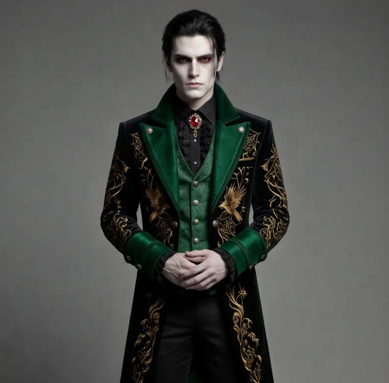 Victorian Gothic Vampire Coat for Halloween - Green & Gold Embroidered Steampunk Tailcoat for Mens