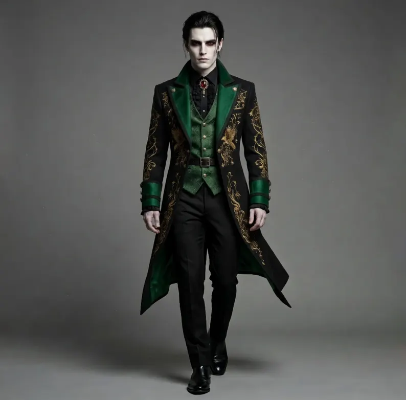 Victorian Gothic Vampire Coat for Halloween - Green & Gold Embroidered Steampunk Tailcoat for Mens - Image 4