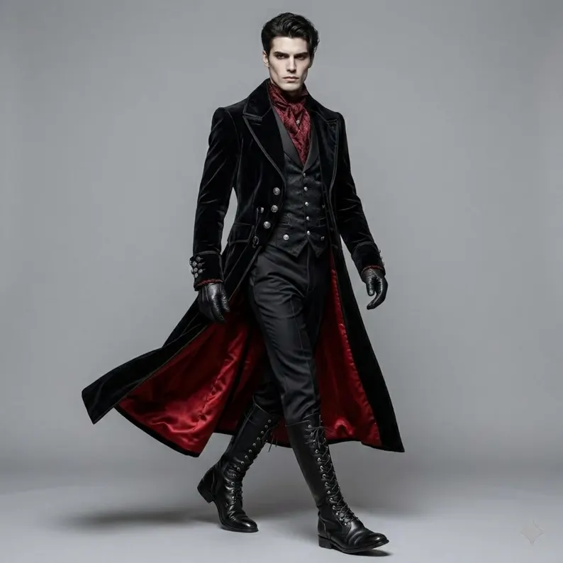 Black Vampire Tailcoat for Men, Halloween Festival Outfit, Long Gothic Cosplay Jacket, Masquerade Costume - Image 2