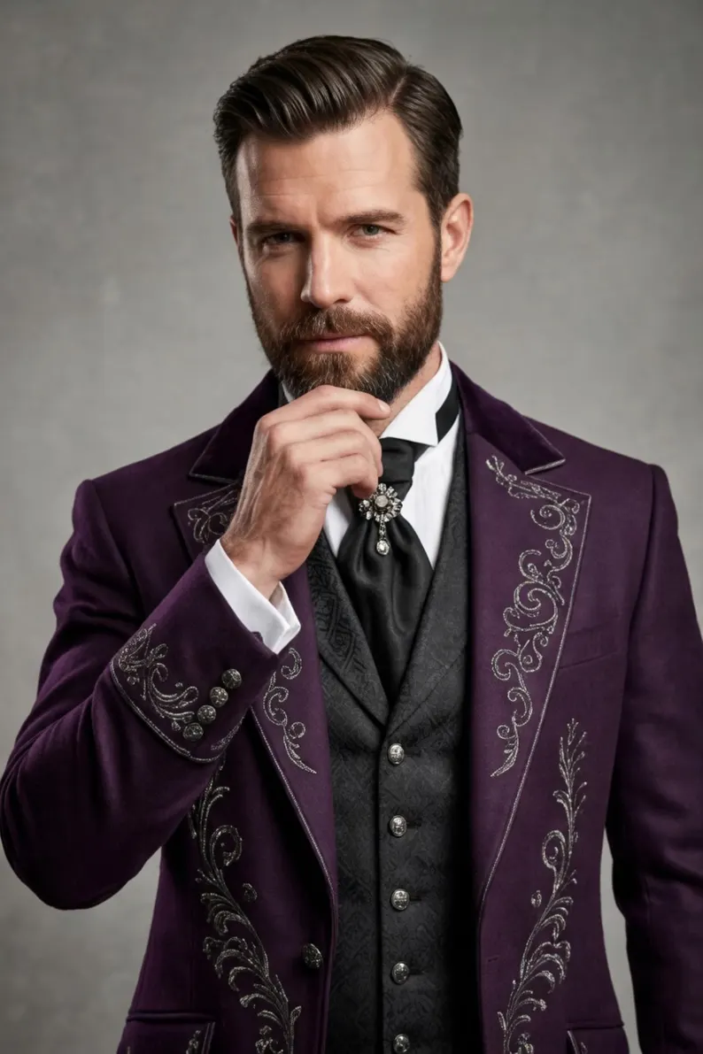 Luxury Gothic Victorian Tailcoat for Men, Steampunk Long Jacket, Purple Embroidered Wedding Formal Suit - Image 2