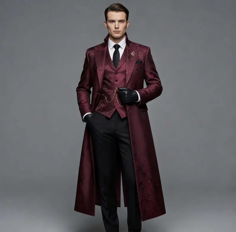 Victorian Tailcoat Burgundy Men – Brocade Steampunk Formal Long Jacket, Gothic Wedding Coat, Aristocrat Costume Outfit