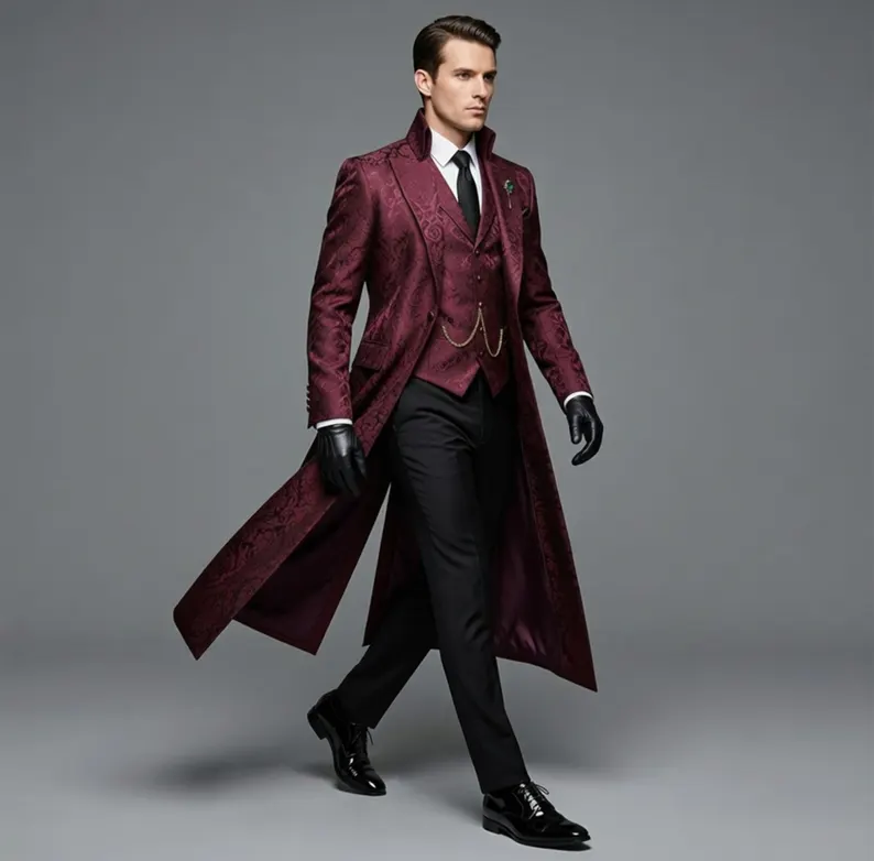 Victorian Tailcoat Burgundy Men – Brocade Steampunk Formal Long Jacket, Gothic Wedding Coat, Aristocrat Costume Outfit - Image 5