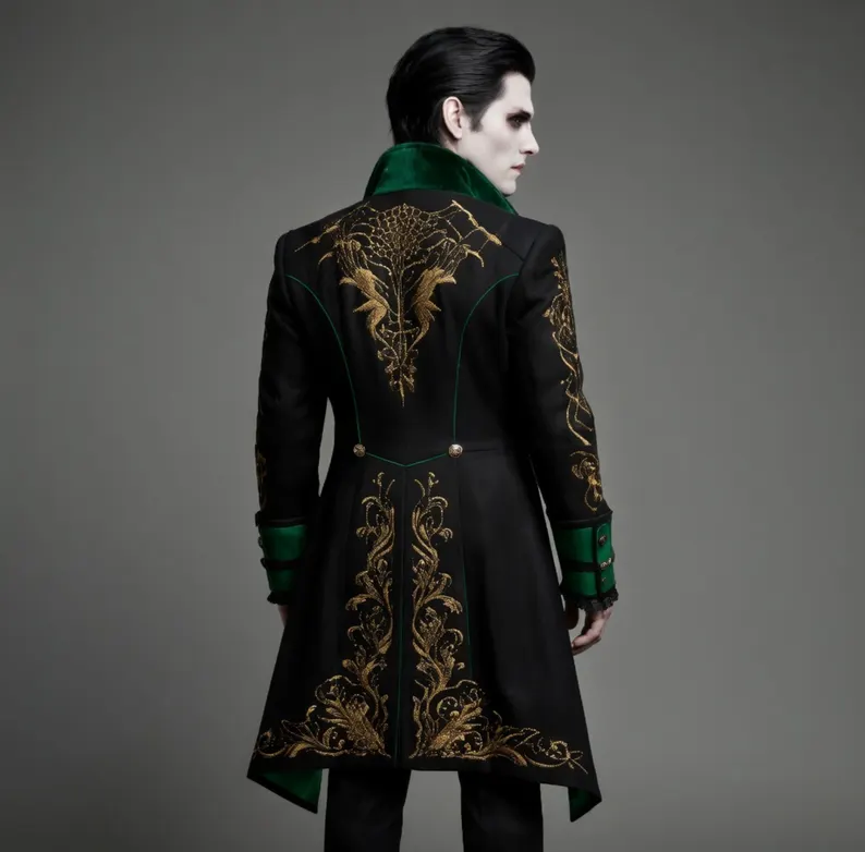 Victorian Gothic Vampire Coat for Halloween - Green & Gold Embroidered Steampunk Tailcoat for Mens - Image 3