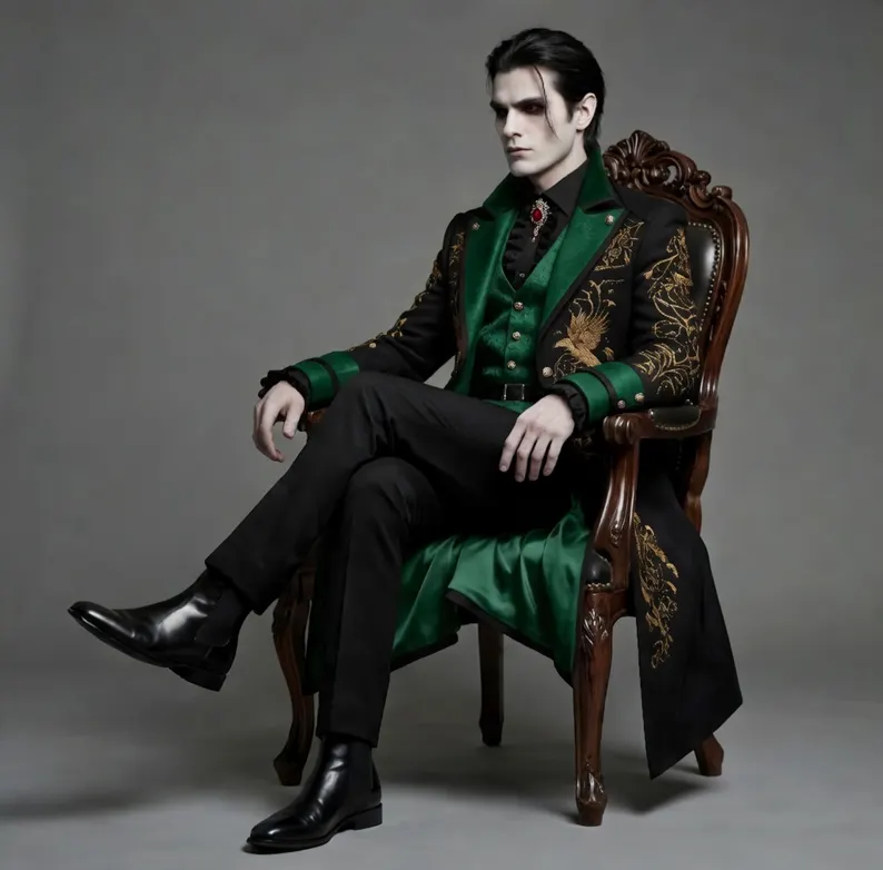 Victorian Gothic Vampire Coat for Halloween - Green & Gold Embroidered Steampunk Tailcoat for Mens - Image 2