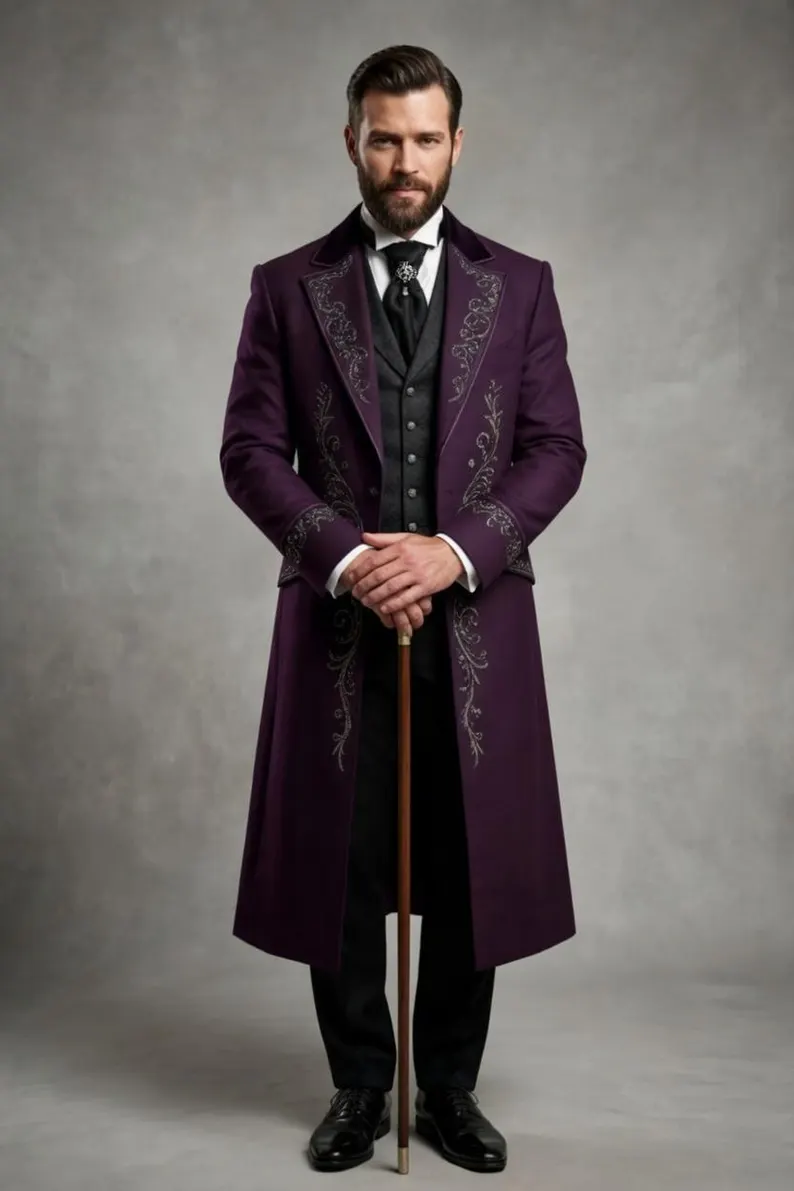 Luxury Gothic Victorian Tailcoat for Men, Steampunk Long Jacket, Purple Embroidered Wedding Formal Suit
