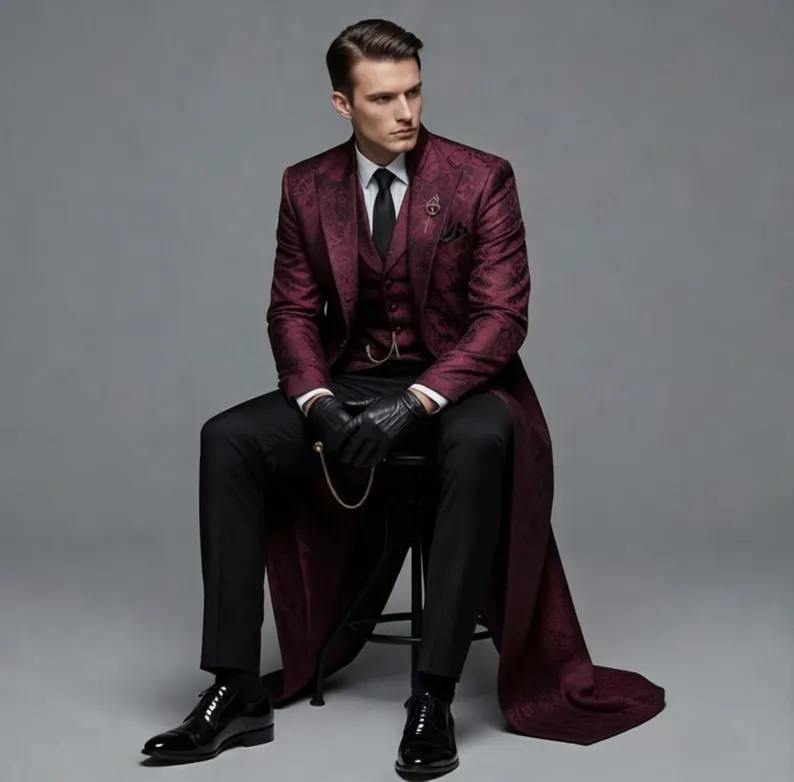 Victorian Tailcoat Burgundy Men – Brocade Steampunk Formal Long Jacket, Gothic Wedding Coat, Aristocrat Costume Outfit - Image 4