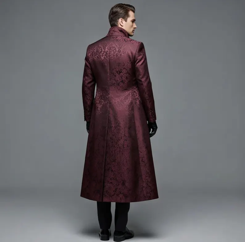 Victorian Tailcoat Burgundy Men – Brocade Steampunk Formal Long Jacket, Gothic Wedding Coat, Aristocrat Costume Outfit - Image 3