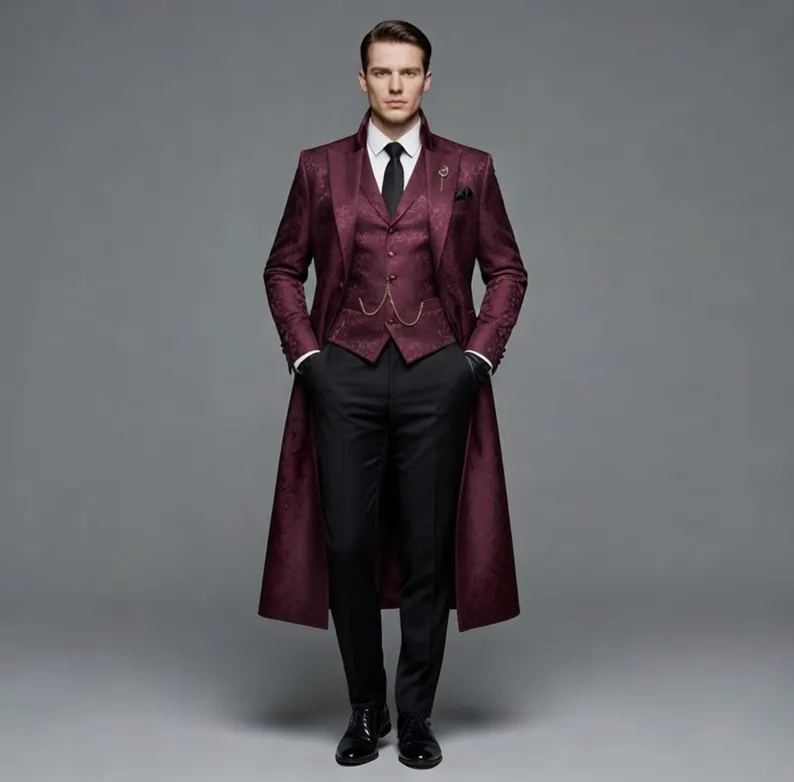 Victorian Tailcoat Burgundy Men – Brocade Steampunk Formal Long Jacket, Gothic Wedding Coat, Aristocrat Costume Outfit - Image 2