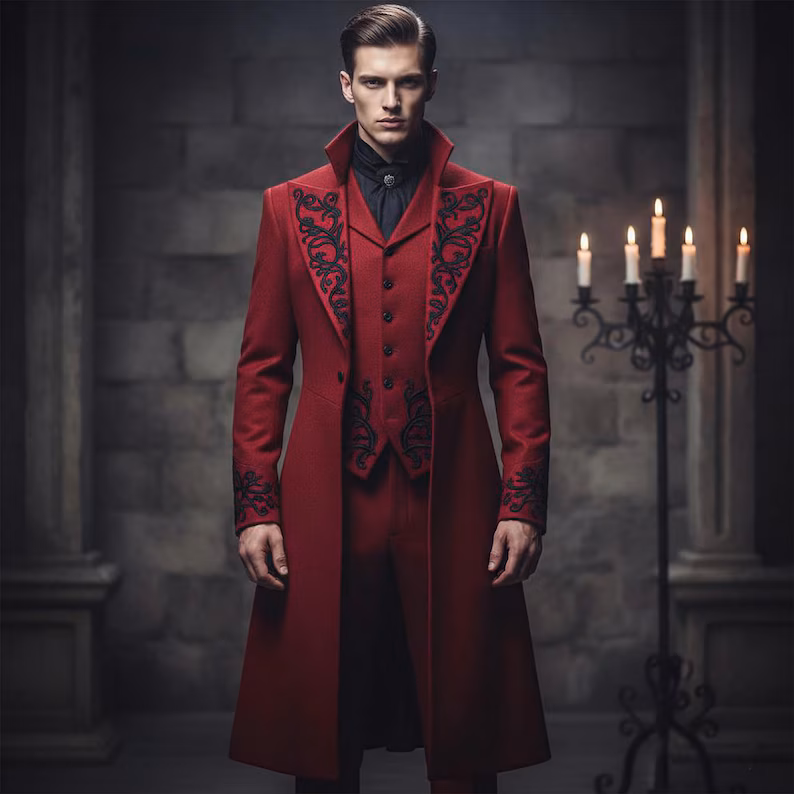 Gothic Red Tailcoat Suit for Men, Black Embroidered Victorian Tuxedo, Vampire Wedding Formal Wear