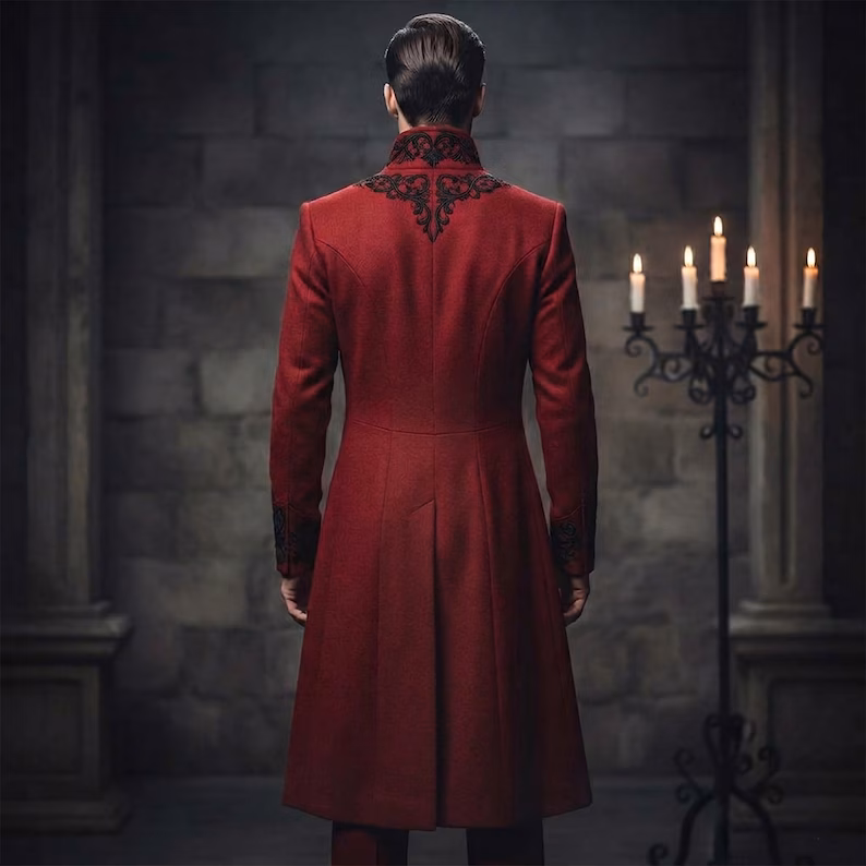 Gothic Red Tailcoat Suit for Men, Black Embroidered Victorian Tuxedo, Vampire Wedding Formal Wear - Image 3