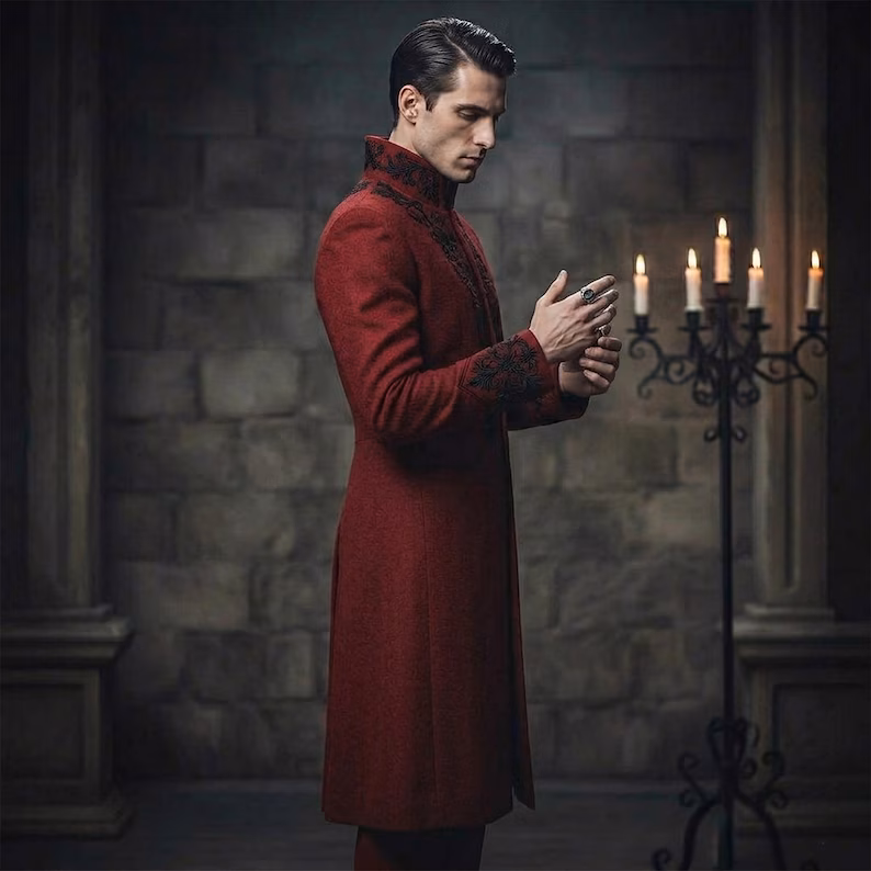 Gothic Red Tailcoat Suit for Men, Black Embroidered Victorian Tuxedo, Vampire Wedding Formal Wear - Image 2