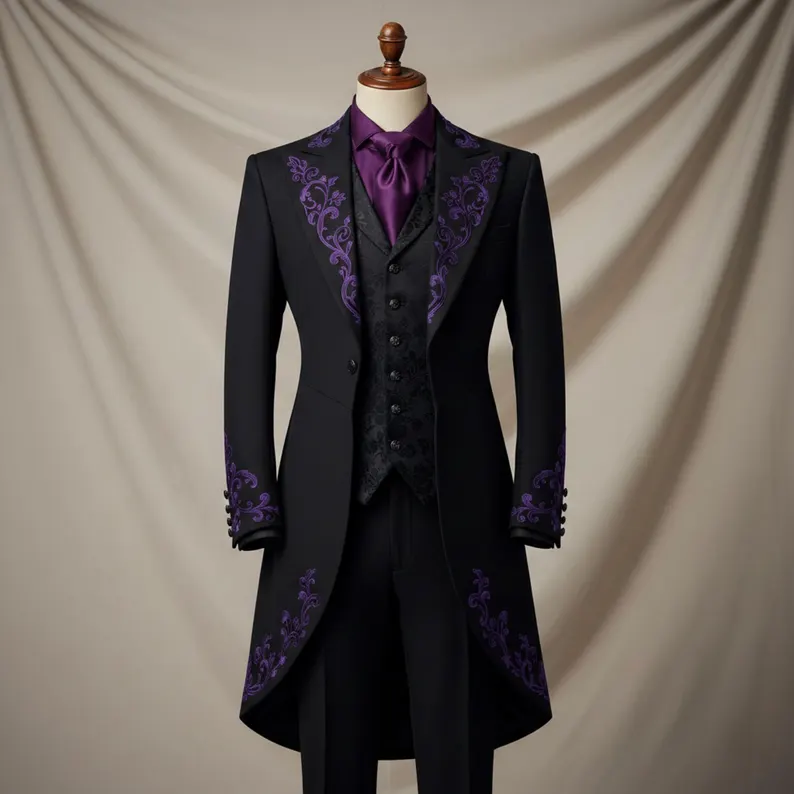 Mens Gothic Coat, Black Purple Victorian Tailcoat, Steampunk Wedding Jacket, Aristocrat Costume Outfit - Image 2