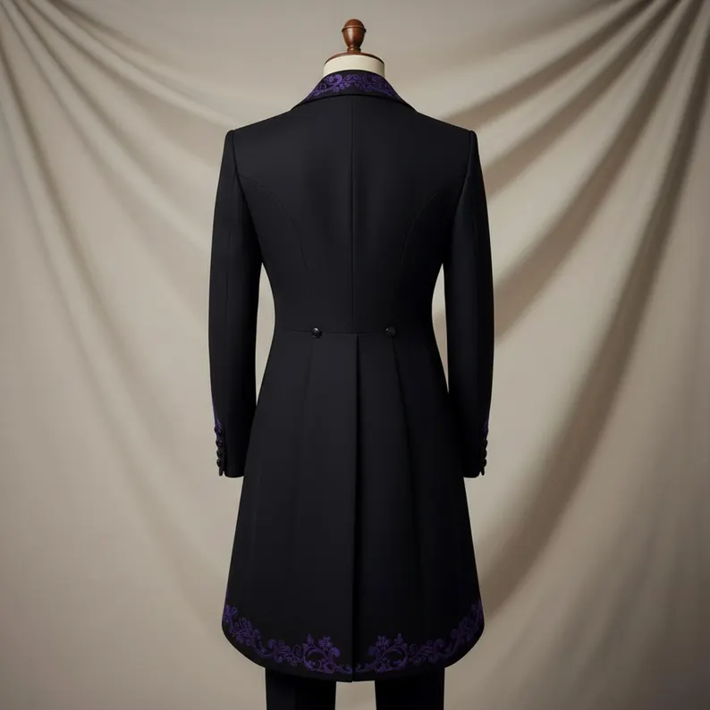 Mens Gothic Coat, Black Purple Victorian Tailcoat, Steampunk Wedding Jacket, Aristocrat Costume Outfit
