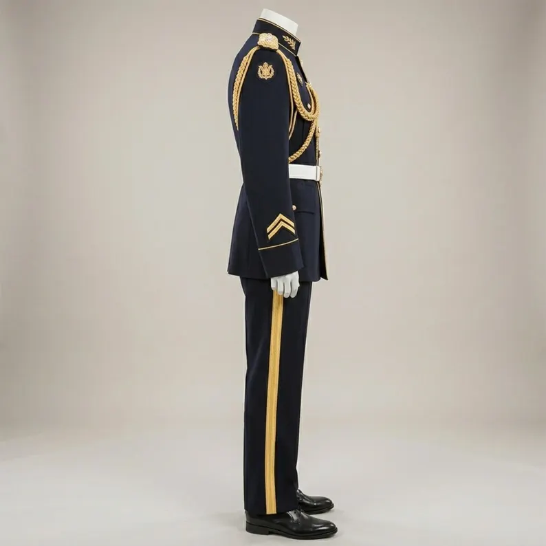 Men’s Black Military Dress Uniform, Officer Parade Suit, Gold Epaulette Jacket and Trousers Costume - Image 3