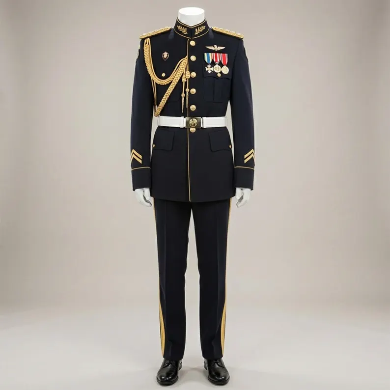 Men’s Black Military Dress Uniform, Officer Parade Suit, Gold Epaulette Jacket and Trousers Costume