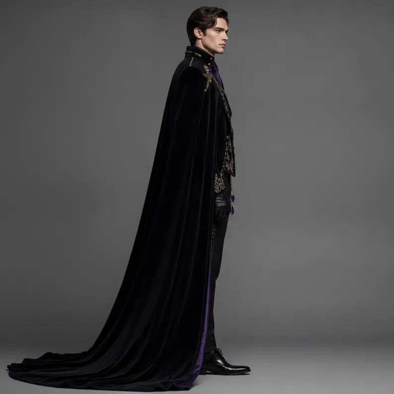 Royal Gothic Coat Men, Black Purple Vampire Cape, Victorian Wedding Fantasy Costume - Image 3