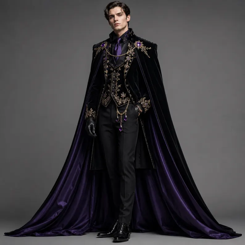 Royal Gothic Coat Men, Black Purple Vampire Cape, Victorian Wedding Fantasy Costume