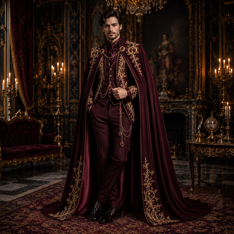 Vampire Cosplay Costume Men, Gothic Wedding Suit, Aristocrat Cape Ensemble, Victorian Formalwear Attire