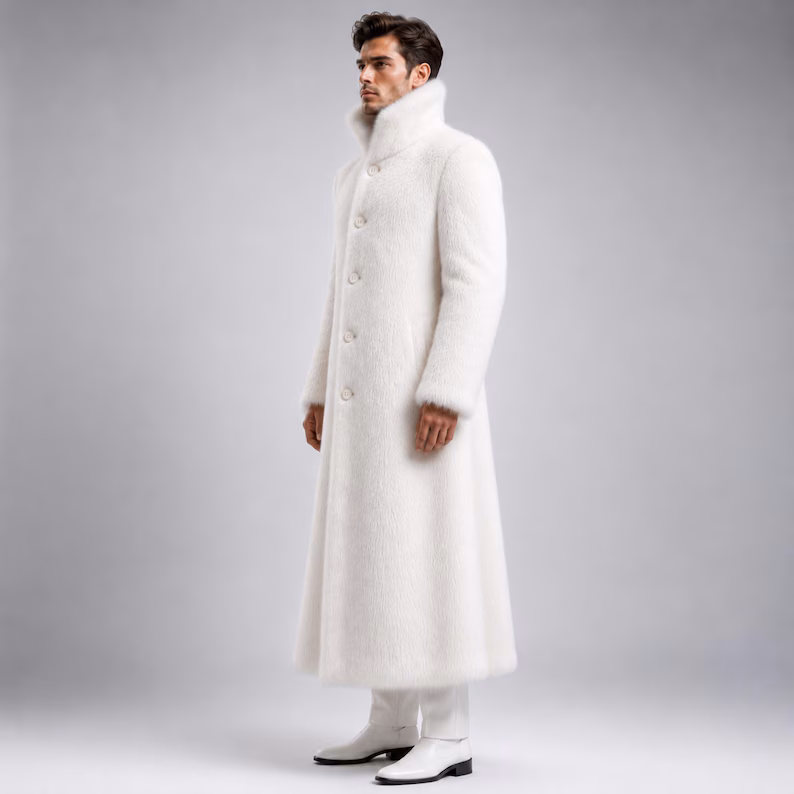 Men’s White Faux Fur Coat, Luxury Winter Overcoat, High Collar Plush Coat, Designer Formal Outerwear, Premium Synthetic Fur Coat - Image 3