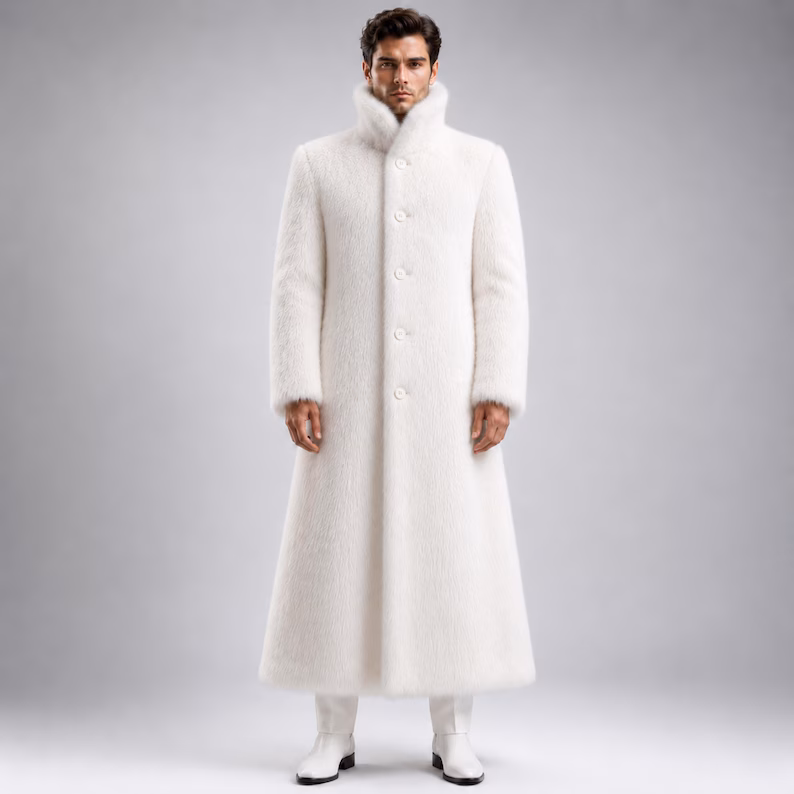 Men’s White Faux Fur Coat, Luxury Winter Overcoat, High Collar Plush Coat, Designer Formal Outerwear, Premium Synthetic Fur Coat