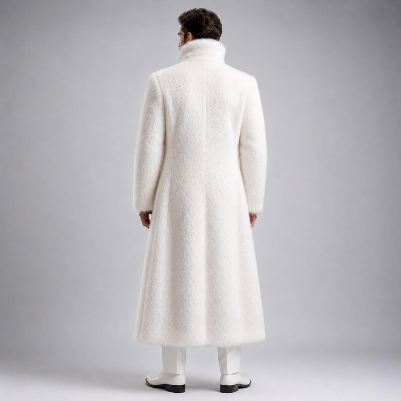 Men’s White Faux Fur Coat, Luxury Winter Overcoat, High Collar Plush Coat, Designer Formal Outerwear, Premium Synthetic Fur Coat - Image 2